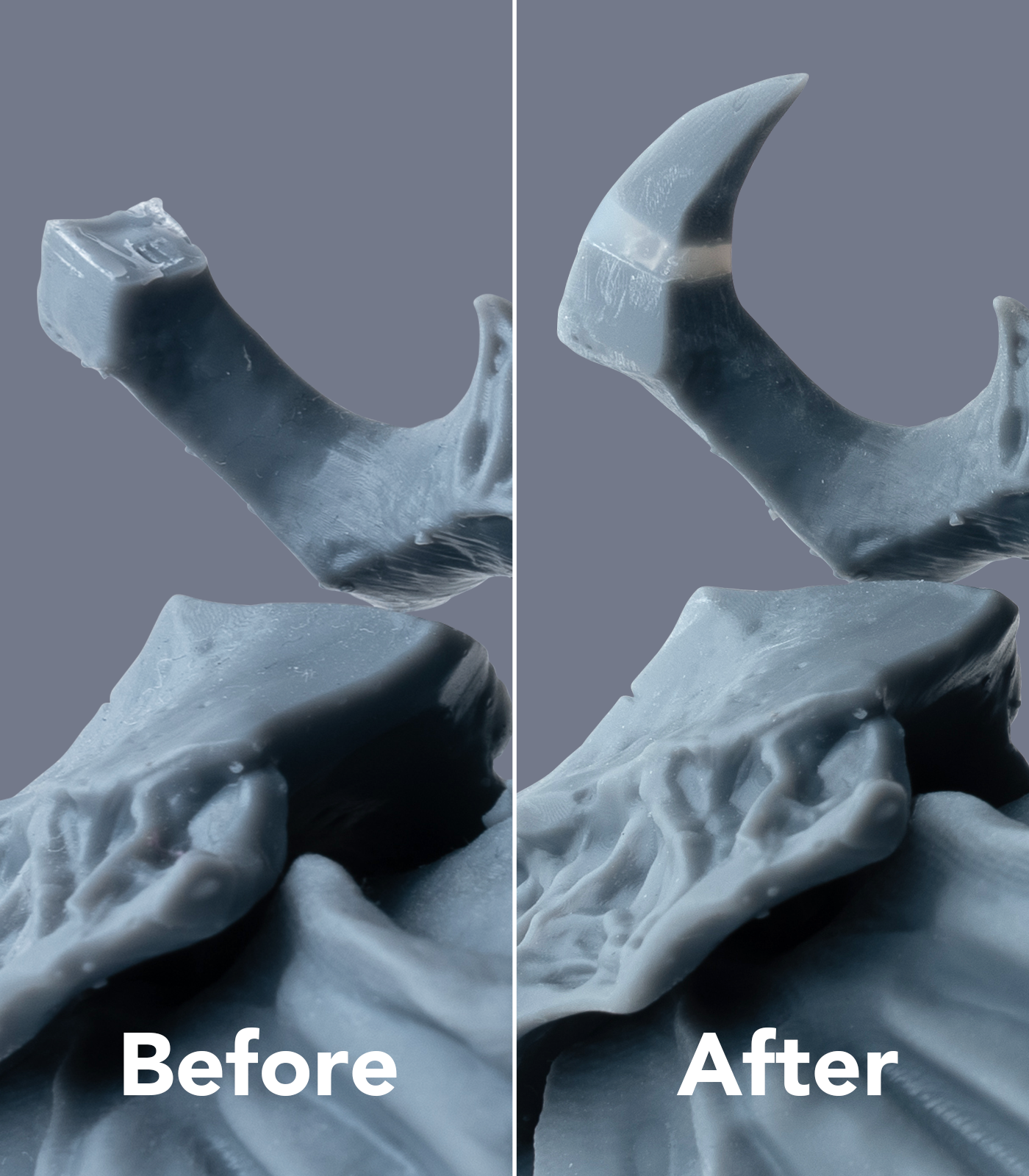 Before and after applying UV curing putty