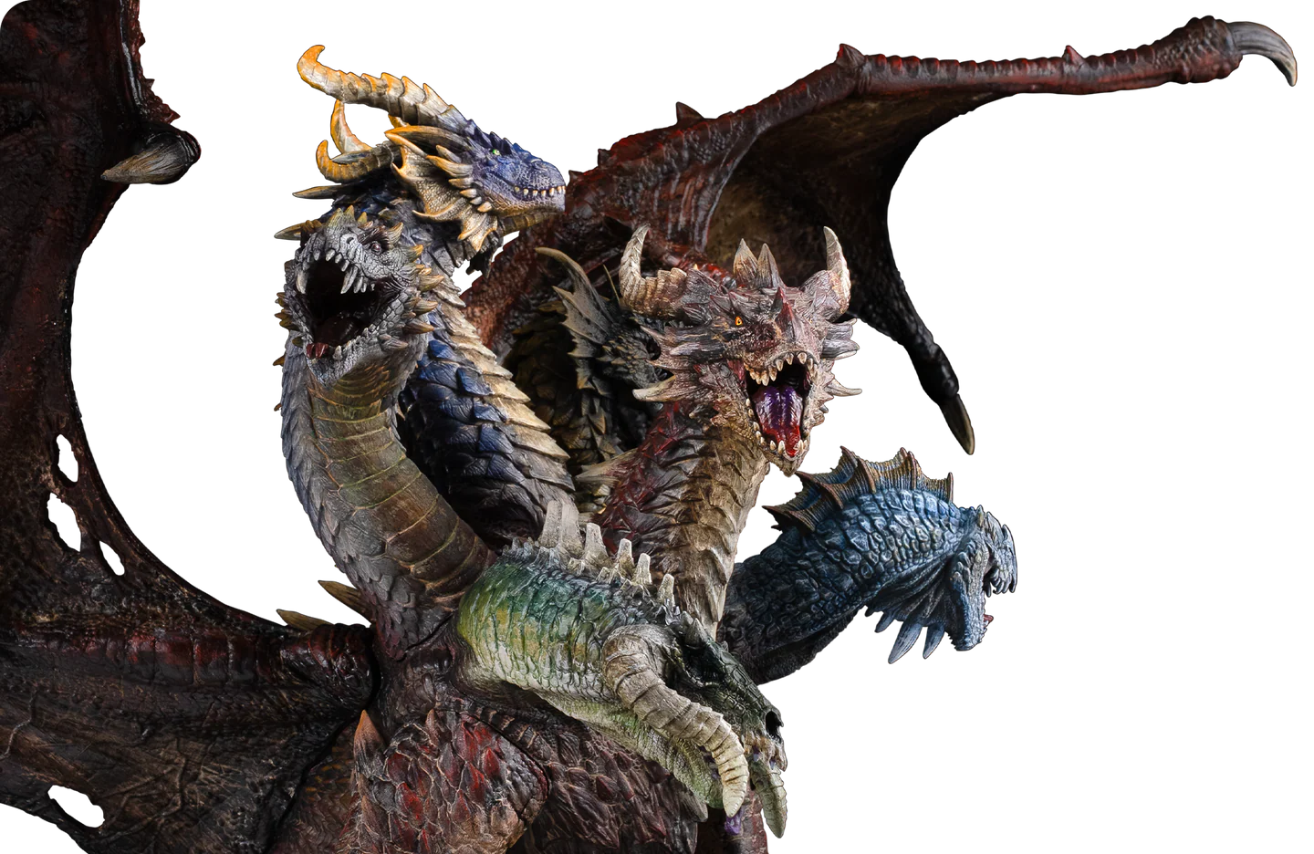 Multi-headed dragon resin model with sharply defined scales, horns, teeth, and wings, showcasing 16K high-definition detail.