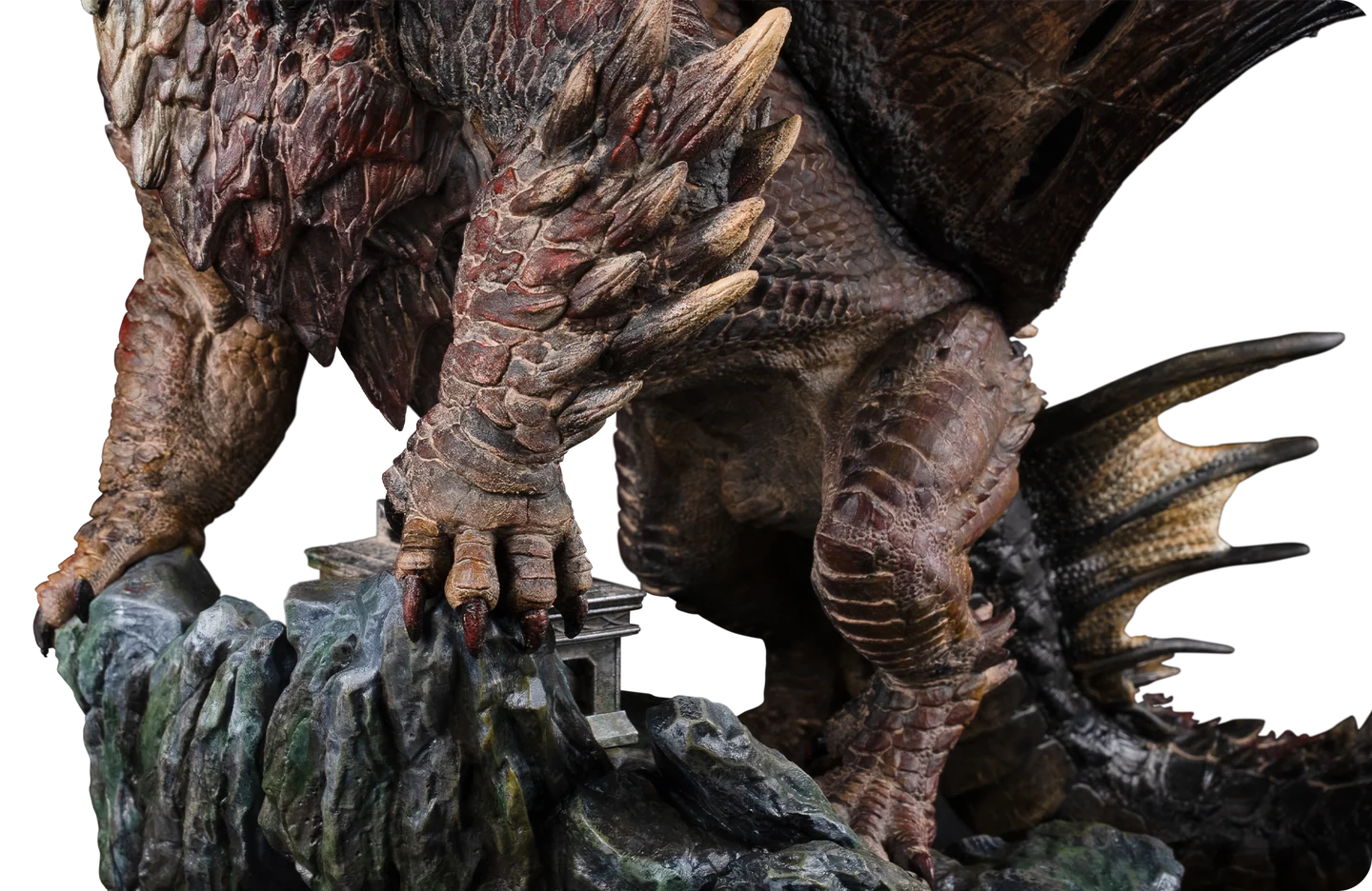 Close-up of a dragon claw, armored scales, wing, and rocky base, highlighting ultra-fine 16K surface detail.