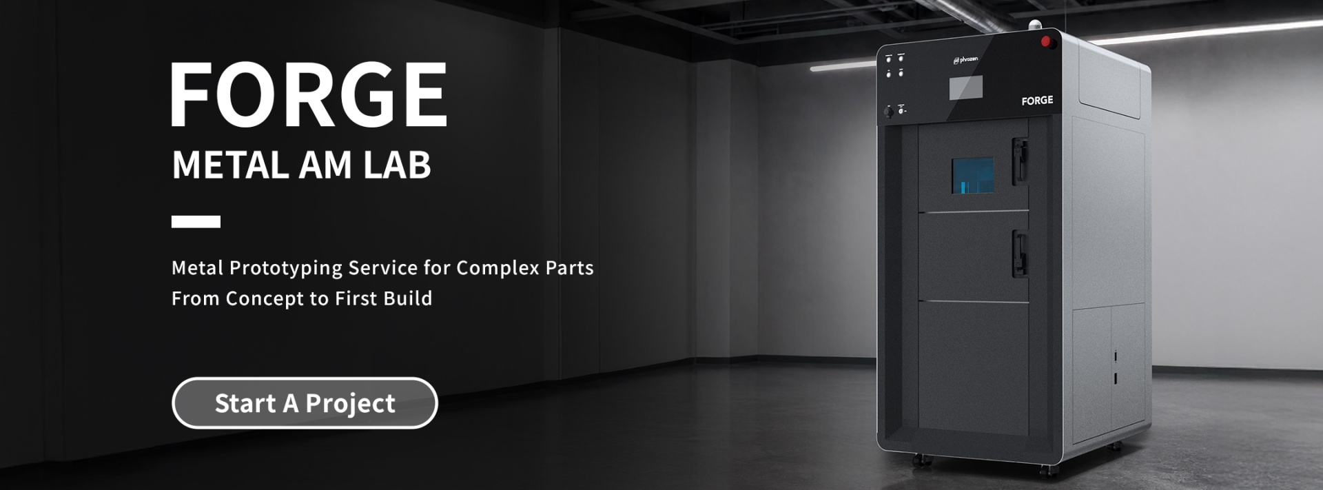 Phrozen FORGE Metal AM Lab homepage banner with the FORGE metal 3D printer and metal prototyping service message.