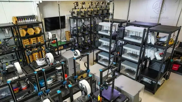 多数の3Dプリンターを備えた3Dプリントファームの画像