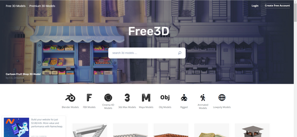 free3d.comホームページのスクリーンショット