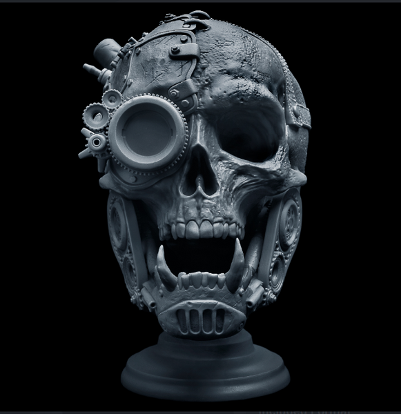 A cool 3d print of a steampunk skull with huge hollow eyes, and mechanical parts inserted on its face.