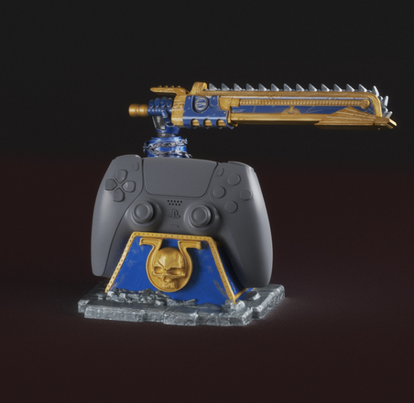 A cool 3d print of a STAND CONTROL PS5 - WAR-HAMMER , SPACE-MARINE with a stand with a sull logo and a hand holding a sword.