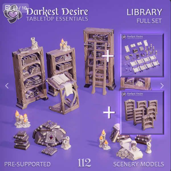 Cool 3D printed stuff library set with bookshelves and decor for tabletop gaming.