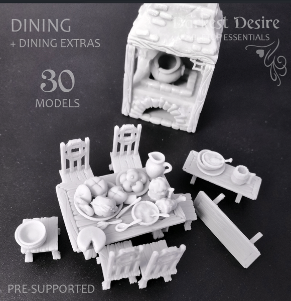 Awesome 3D printed dining set for tabletop gaming, complete with plates and medieval table design.