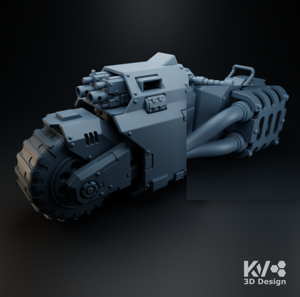 Cool 3D print of a futuristic bike, designed for gaming or display, featuring detailed armor and weapons.