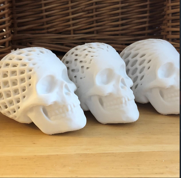 Cool 3D print of three skulls with intricate architected lattice designs, perfect for modern skull art.