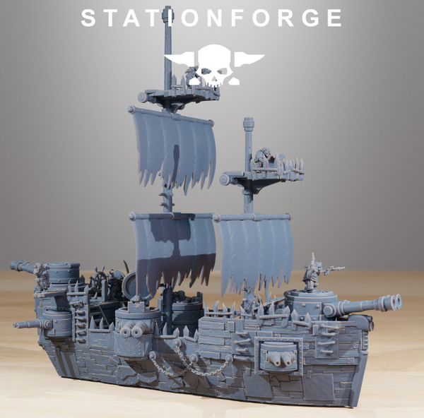 Cool 3D printed fantasy battleship with intricate details, perfect for tabletop gaming or display.