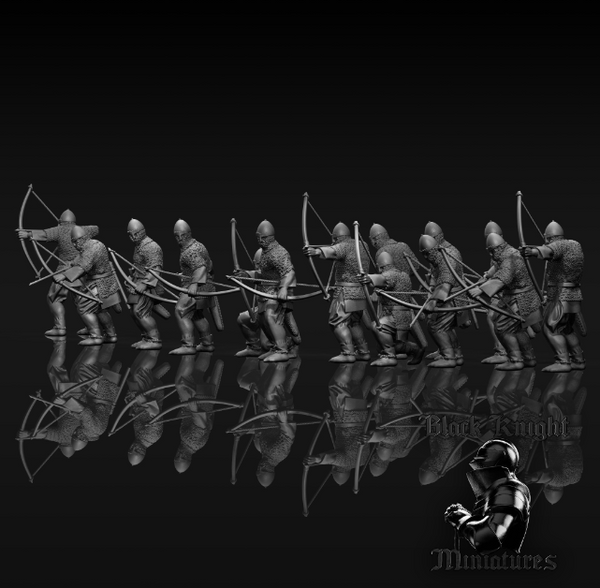 弓矢を持った多数のミニチュアを再現した13世紀プロイセン弓兵の3Dモデル