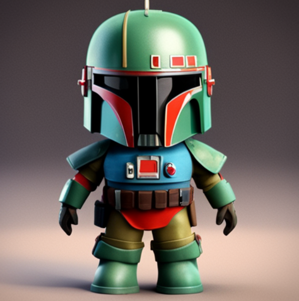 A chibi-style 3D-printed figure of Boba Fett, featuring a compact and colorful design with exaggerated, cute proportions.