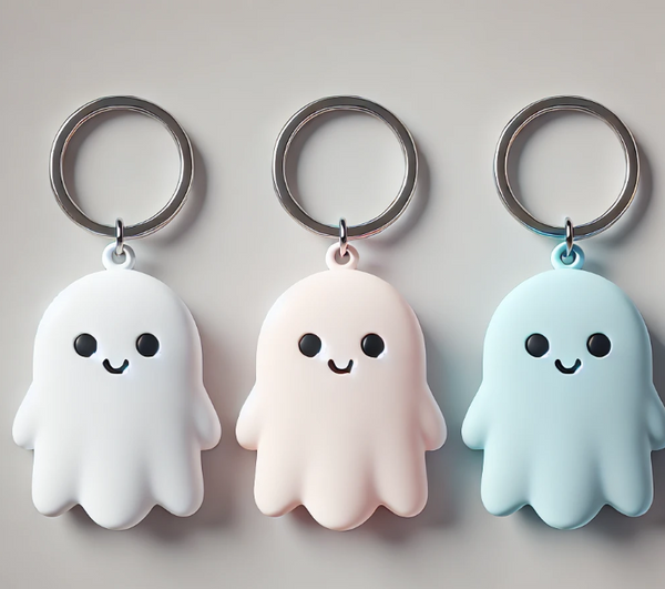 Three 3D-printed ghost-shaped keychains in white, pastel pink, and light blue, featuring cute, smiling faces.