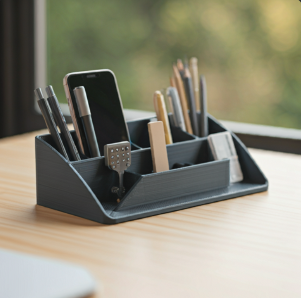 A dark gray 3D-printed desktop organizer with compartments holding pens, a phone, and other desk items, placed on a light wooden desk.