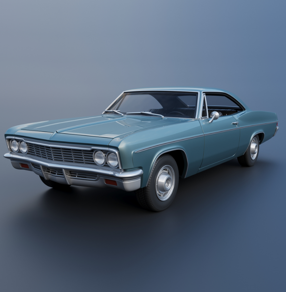 A realistic 3D-printed model of a 1966 Chevrolet Impala in classic blue, showcasing detailed features and vintage design.