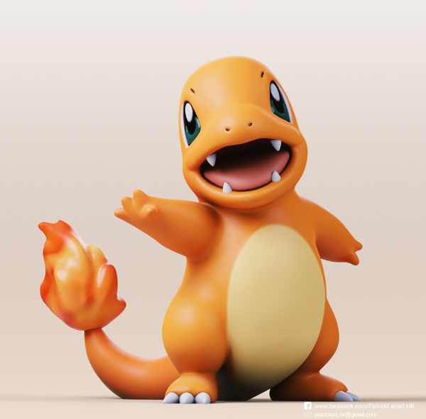 A cute 3D-printed Charmander figurine from Pokemon, showing its cheerful expression with a flame on its tail.