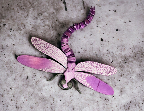 An articulated 3D-printed dragonfly model in shades of purple, featuring flexible wings and a segmented body.