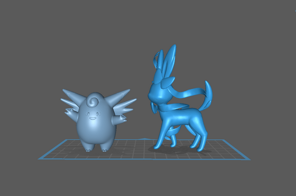Chitubox 中載入皮可西與仙子伊布 3D 模型的畫面,示範如何進行 3D 列印