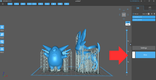 Chitubox 中的皮可西與仙子伊布 3D 模型畫面,紅色標記顯示切片按鈕的位置。