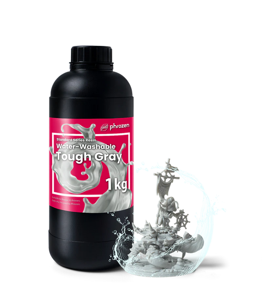 A picture of water washable tough resin with a 3D printed model infront of it.