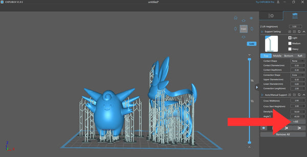 Chitubox 中為皮可西與仙子伊布寶可夢 3D 模型新增支撐的畫面
