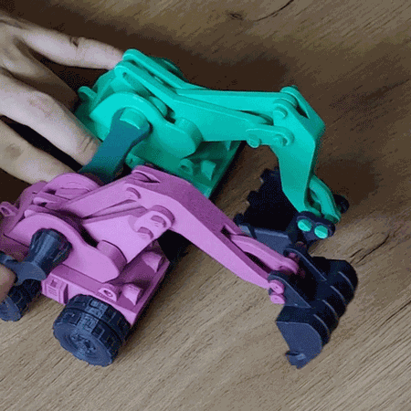 An awesome 3D print of Excavator Automata featuring two excavators in pink and green colors with movable parts.