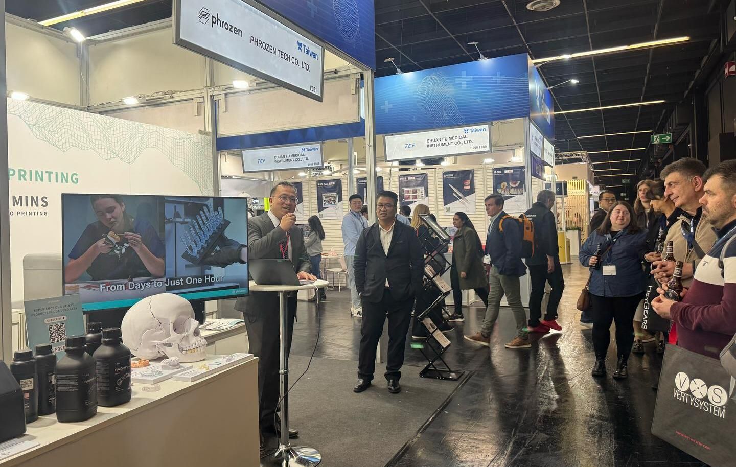 Phrozen booth at IDS 2025 in Cologne, Germany, with visitors exploring 3D printing displays.