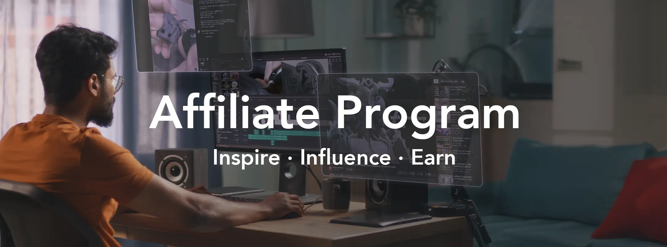 Phrozen affiliate program banner with creator at desktop workstation and 3D design screens.