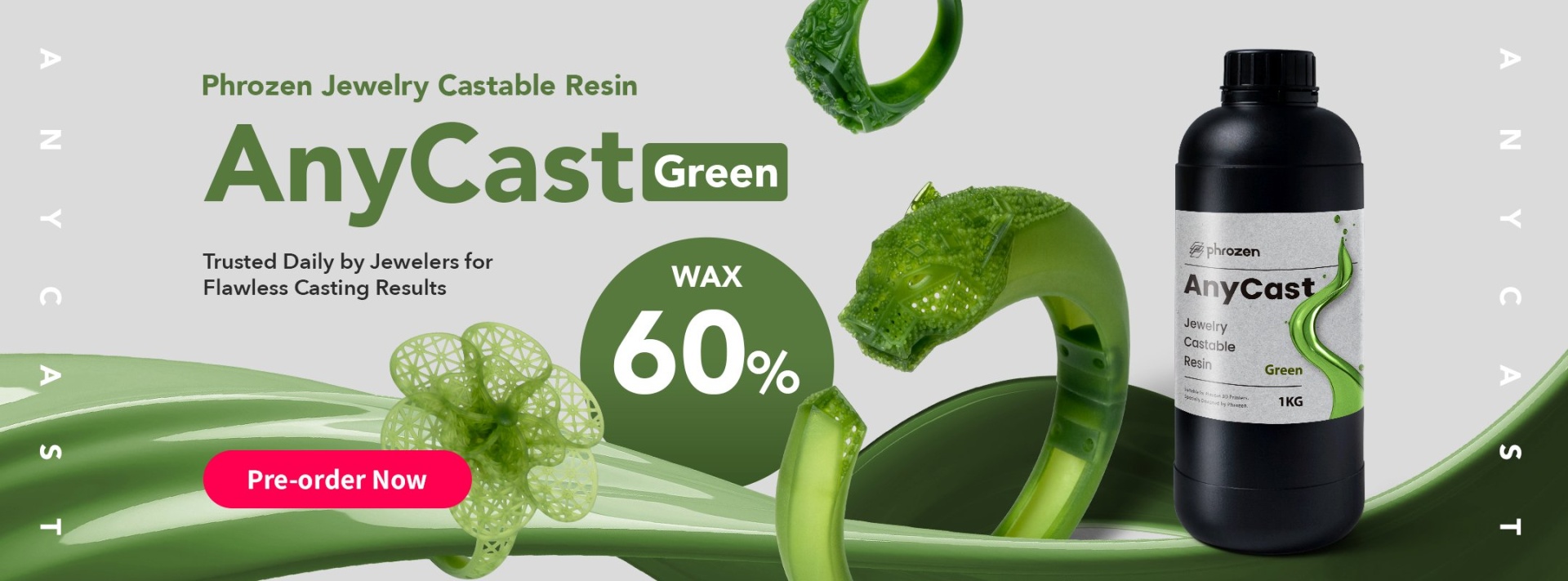 Phrozen AnyCast Green resin homepage banner with jewelry castable resin bottle, rings, and pre-order message.