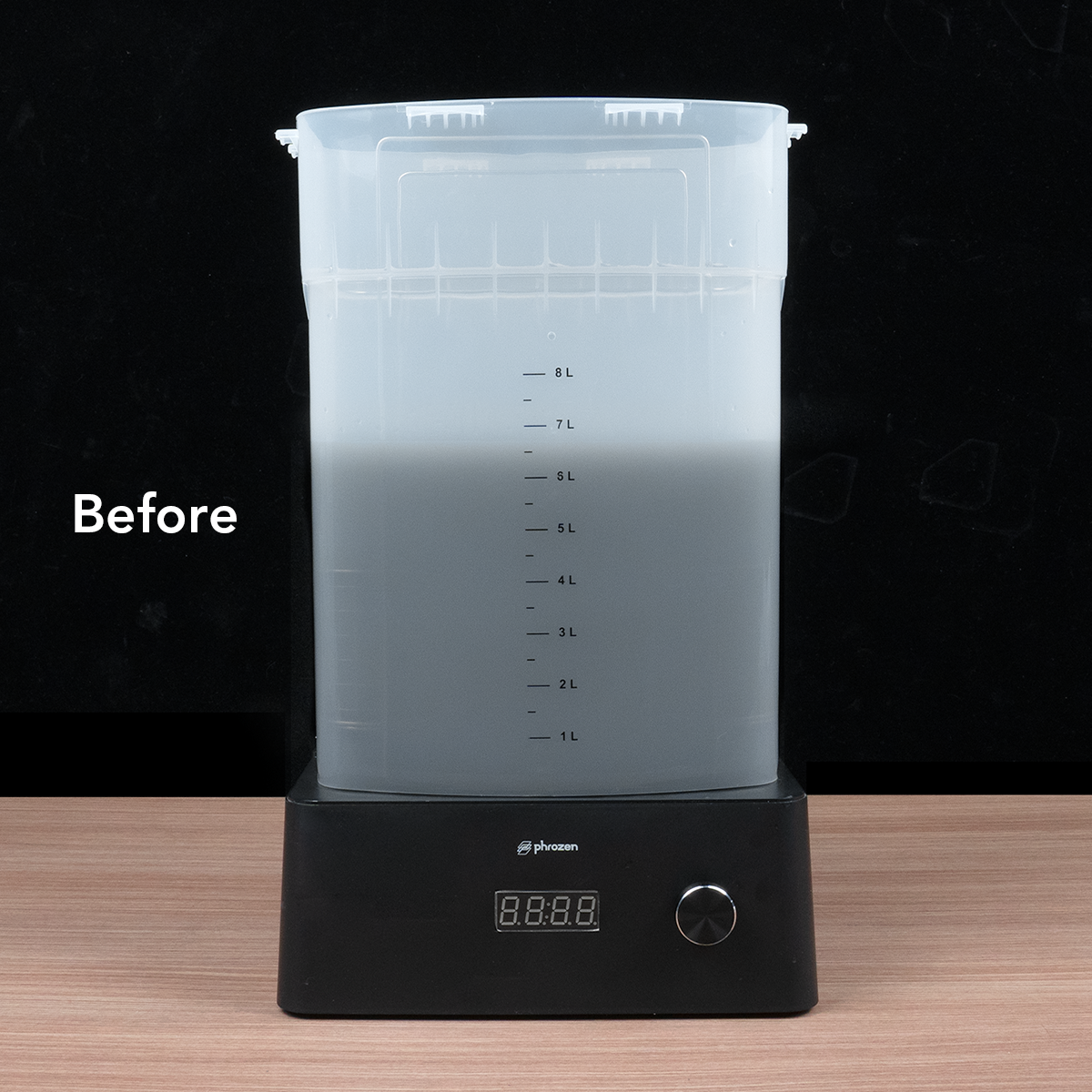 Used alcohol before filtration in a large container, showing cloudy liquid with resin residue.