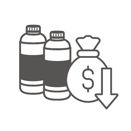 Icon showing bottles, a money bag, and a downward arrow to represent reduced alcohol costs.