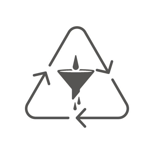 Icon showing a filter inside a recycling symbol to represent alcohol filtration and reuse.
