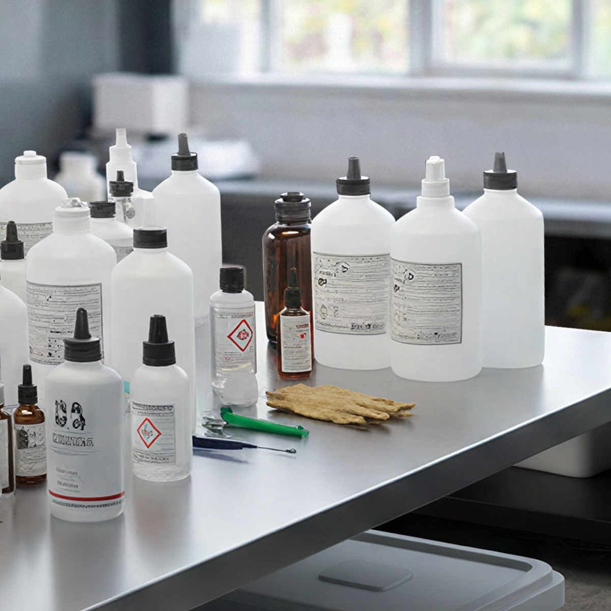 Multiple bottles of alcohol and resin cleaning supplies on a worktable, representing frequent refilling and ongoing alcohol use.