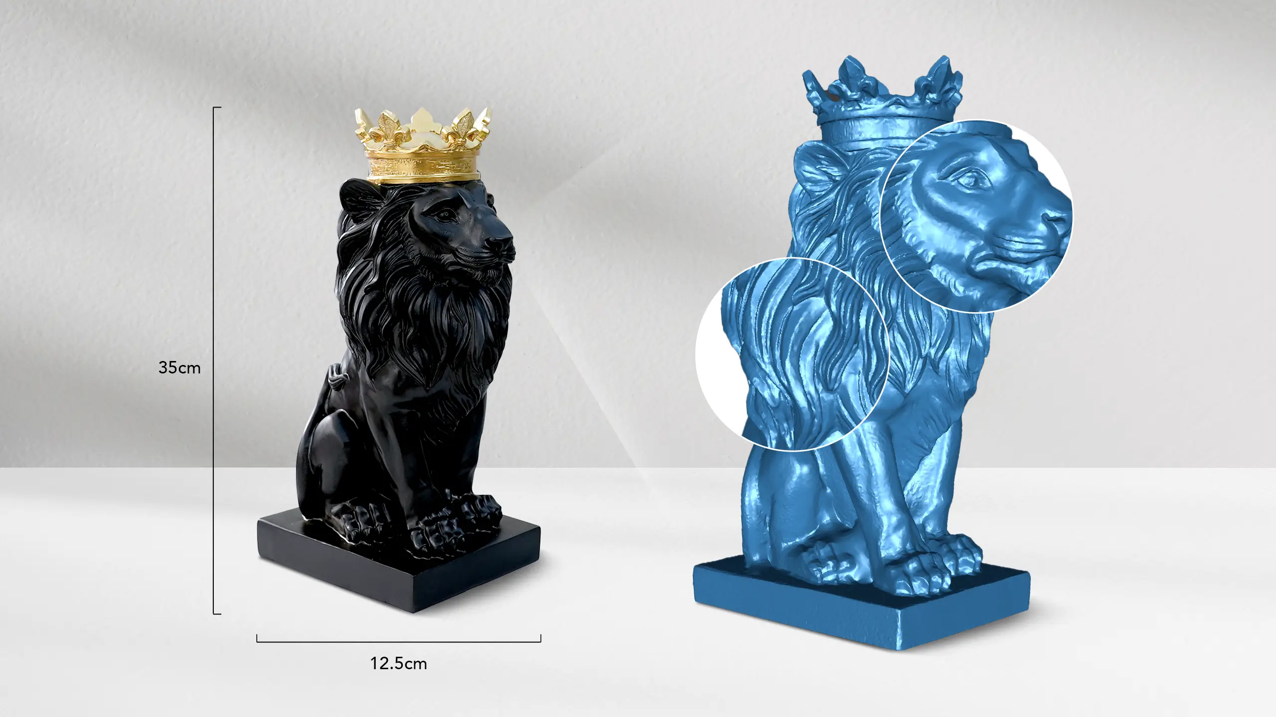 Black lion model and blue scanned model showing high-resolution 3D scan detail restoration scanned with the EINSTAR 3D scanner.