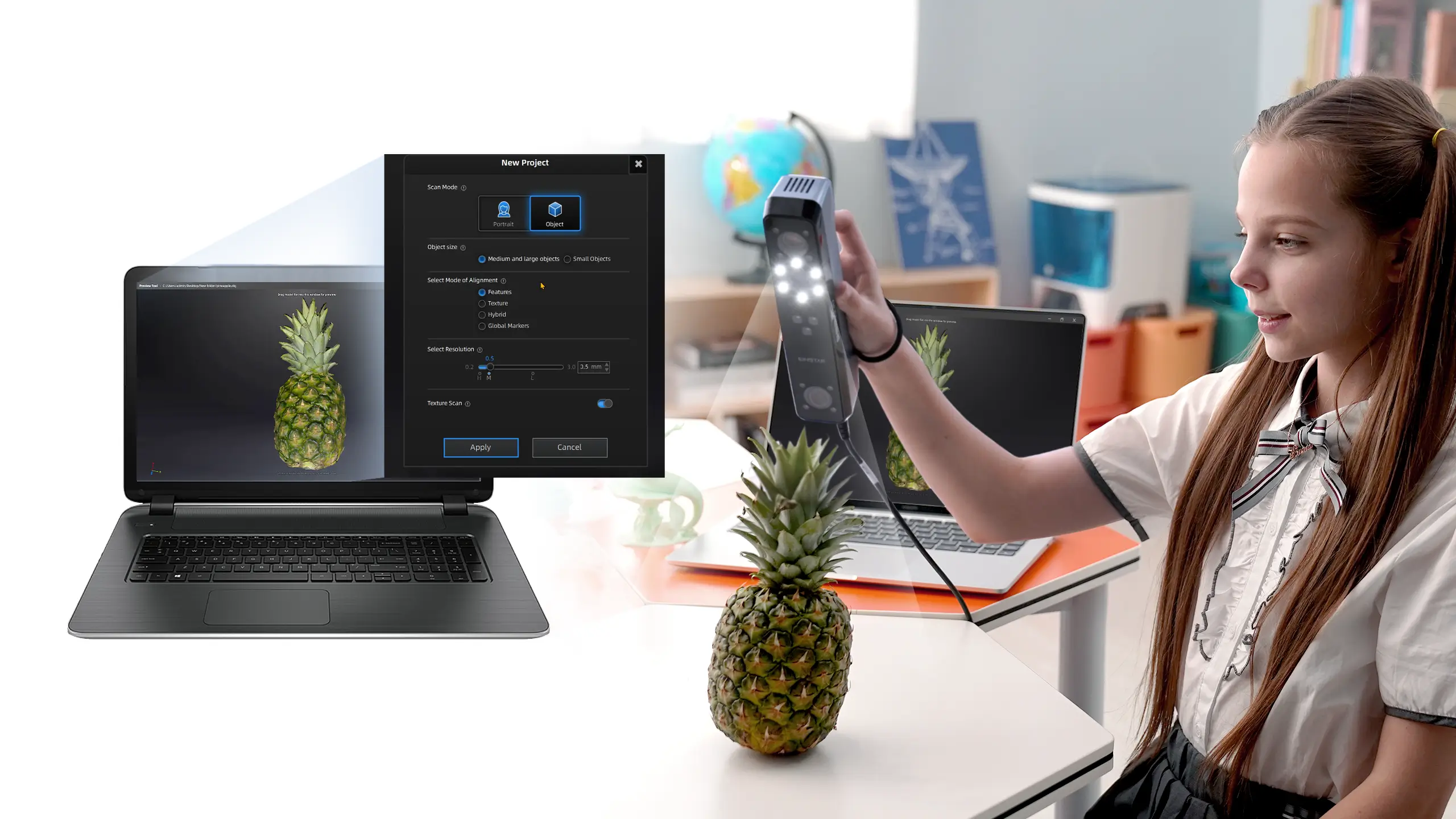 Student using the EINSTAR 3D scanner to scan a pineapple with a streamlined setup and easy workflow for editing and 3D printing.