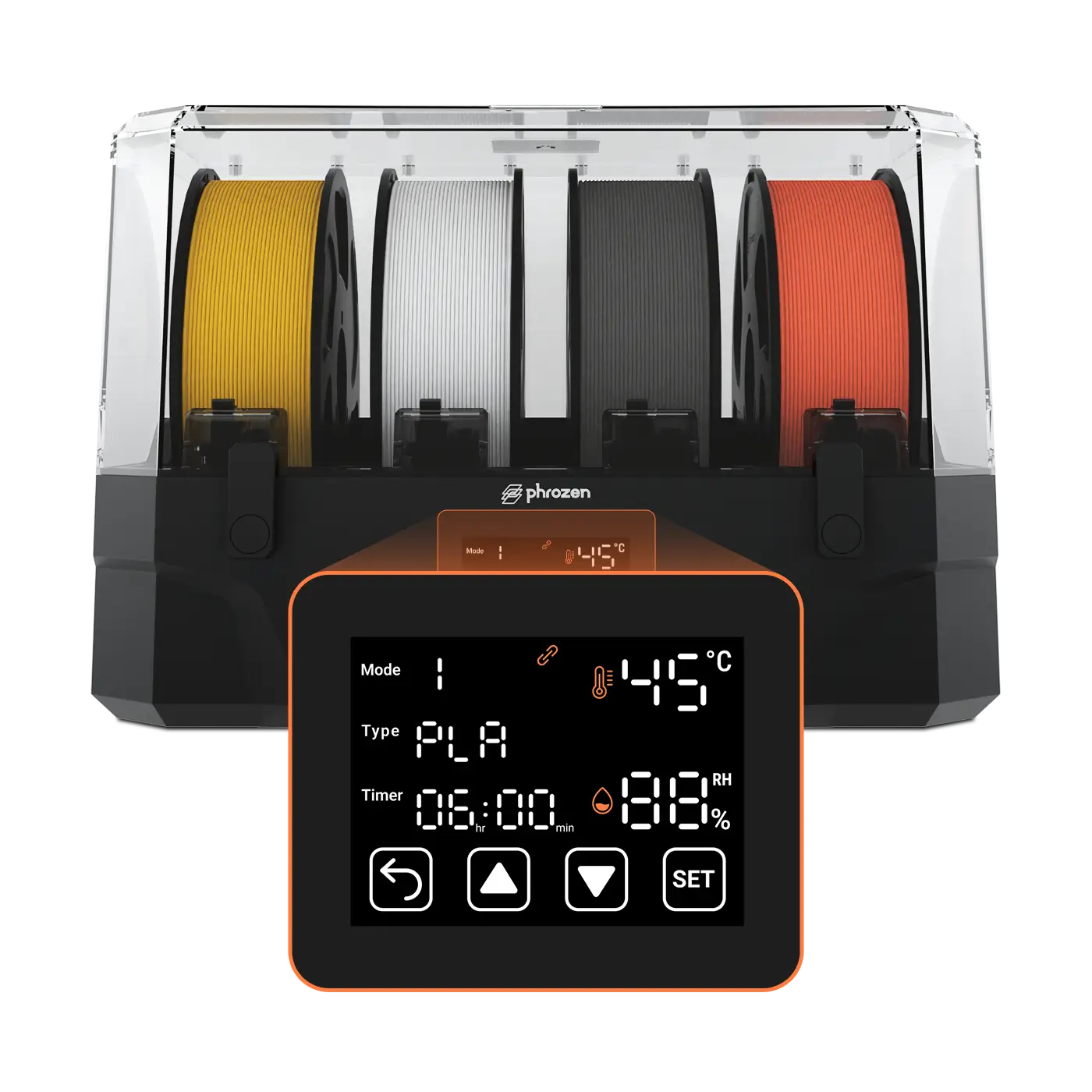 Phrozen Chroma Kit with four filaments inside and a highlighted screen showing one-tap drying profiles.