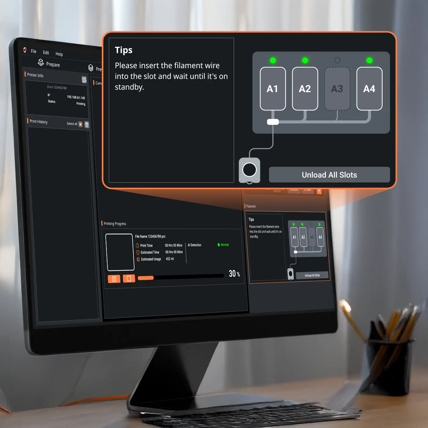 Phrozen Chroma Kit screen showing remote monitoring of filament feed and print status through Phrozen Orca Slicer.