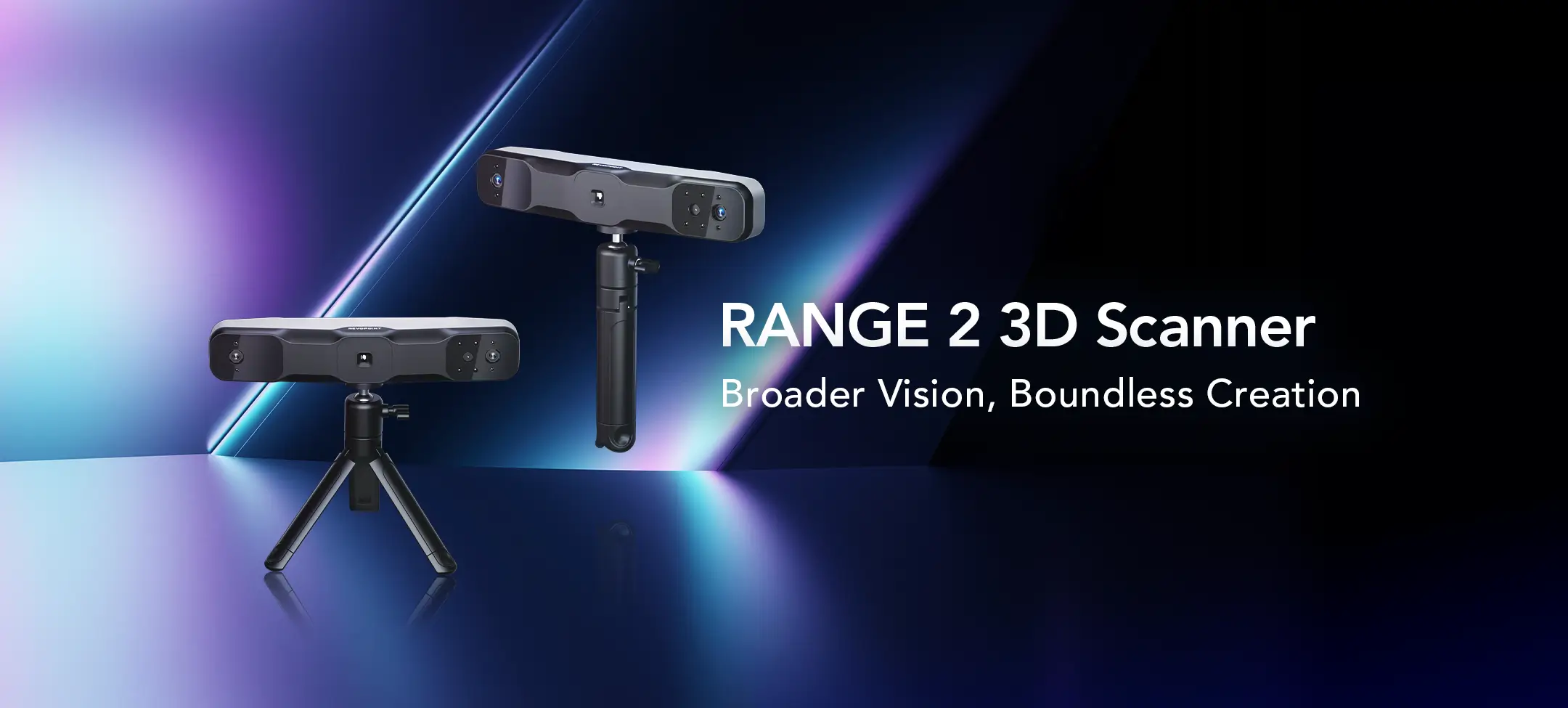 Banner image of the Revopoint RANGE 2 3D scanner with tripod and handheld configurations.