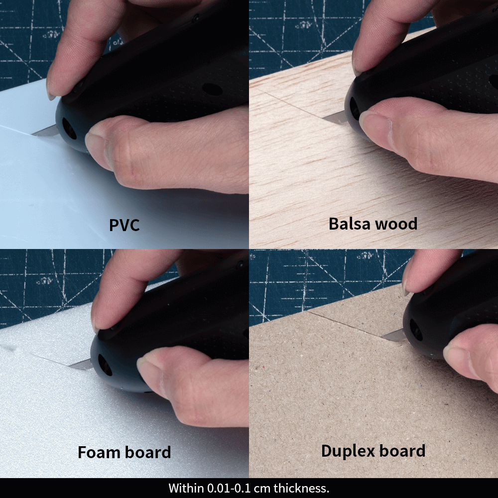 Sonic Saber cutting PVC, balsa wood, foam board, and duplex board for various crafting and modeling applications.