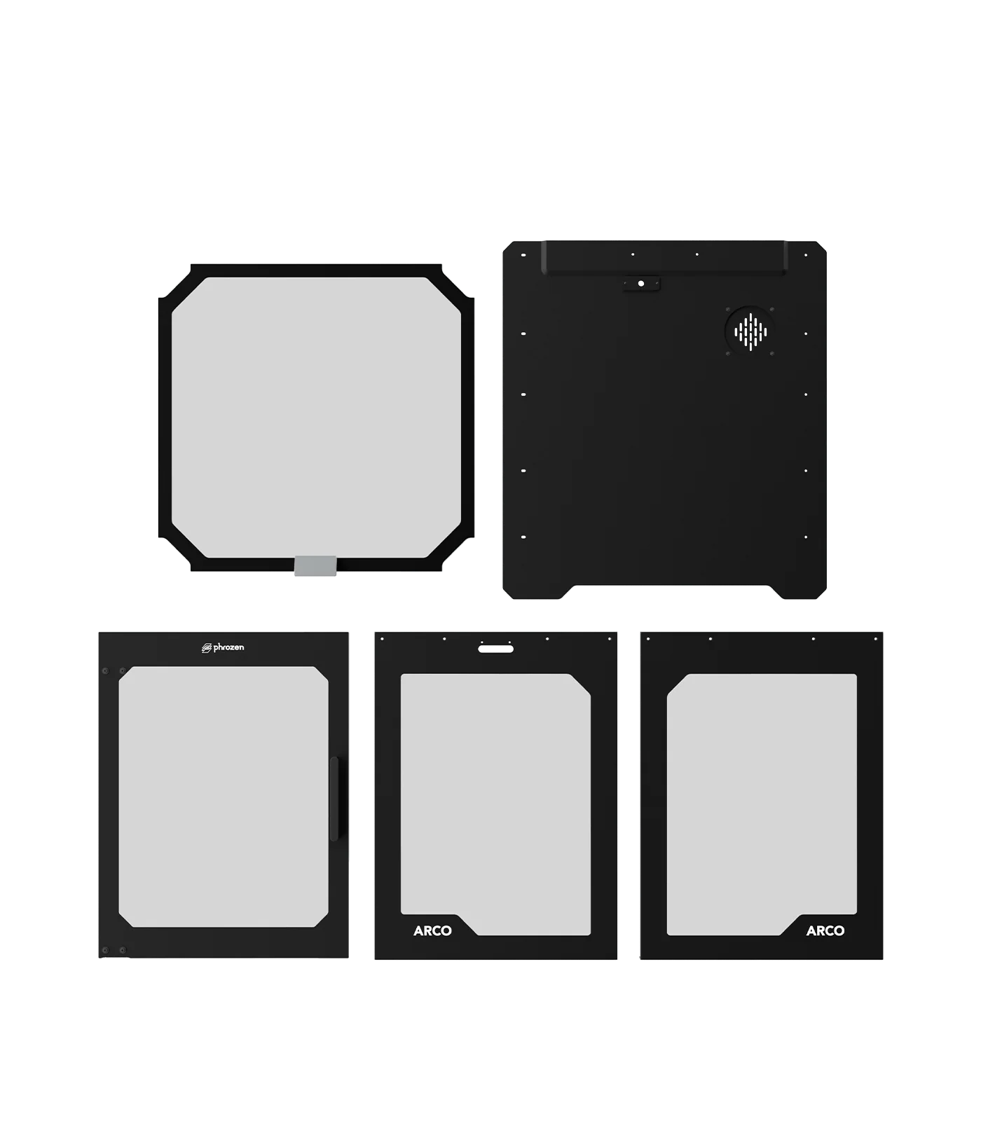 PentaShield enclosure panels for ARCO shown as five black frame pieces with light inserts.