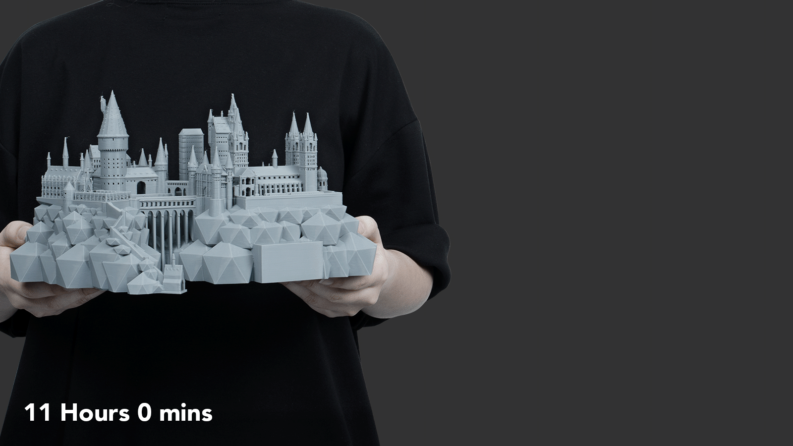 3D printed castle model made with the ARCO FDM 3D printer, shown with overall dimensions and a recorded print time of 11 hours.