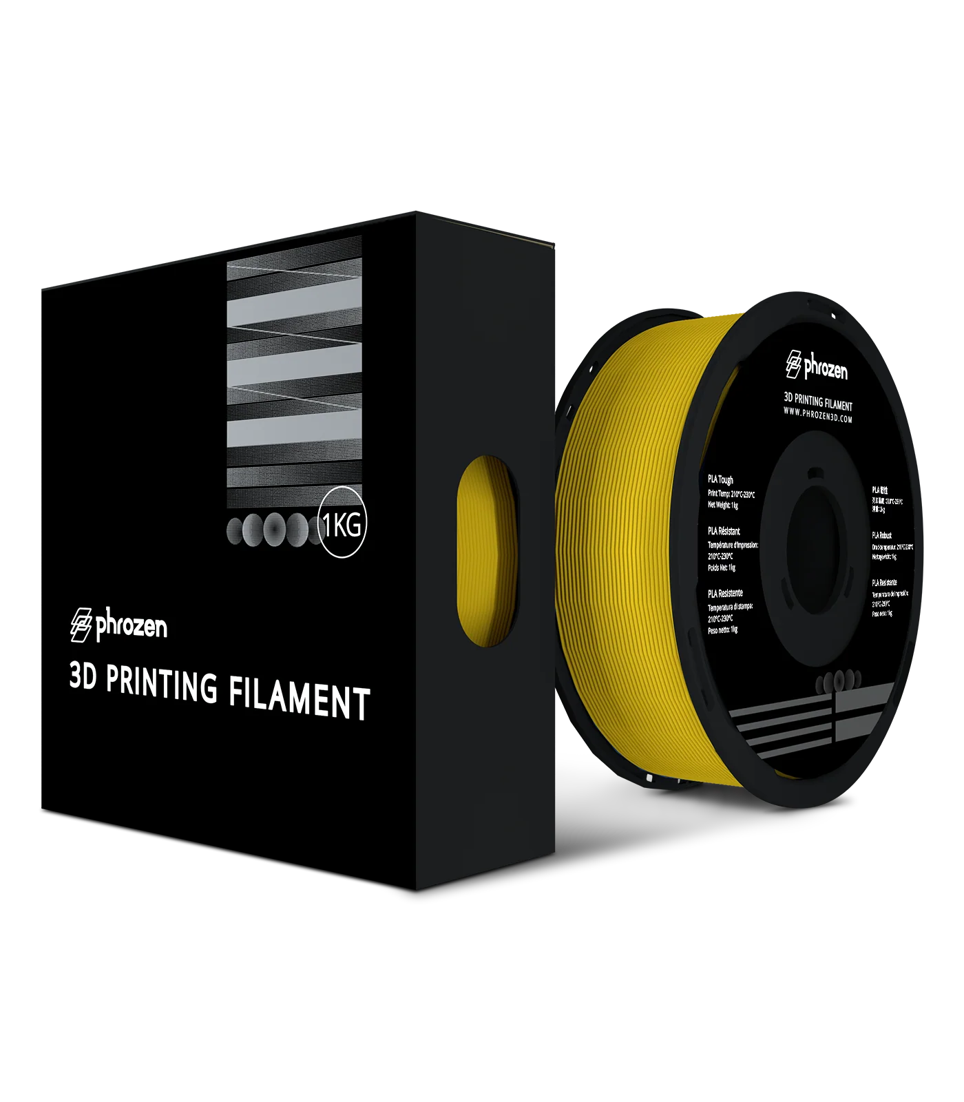 Phrozen Tough PLA filament spool and box for durable, stable 3D printing with color options on ARCO.