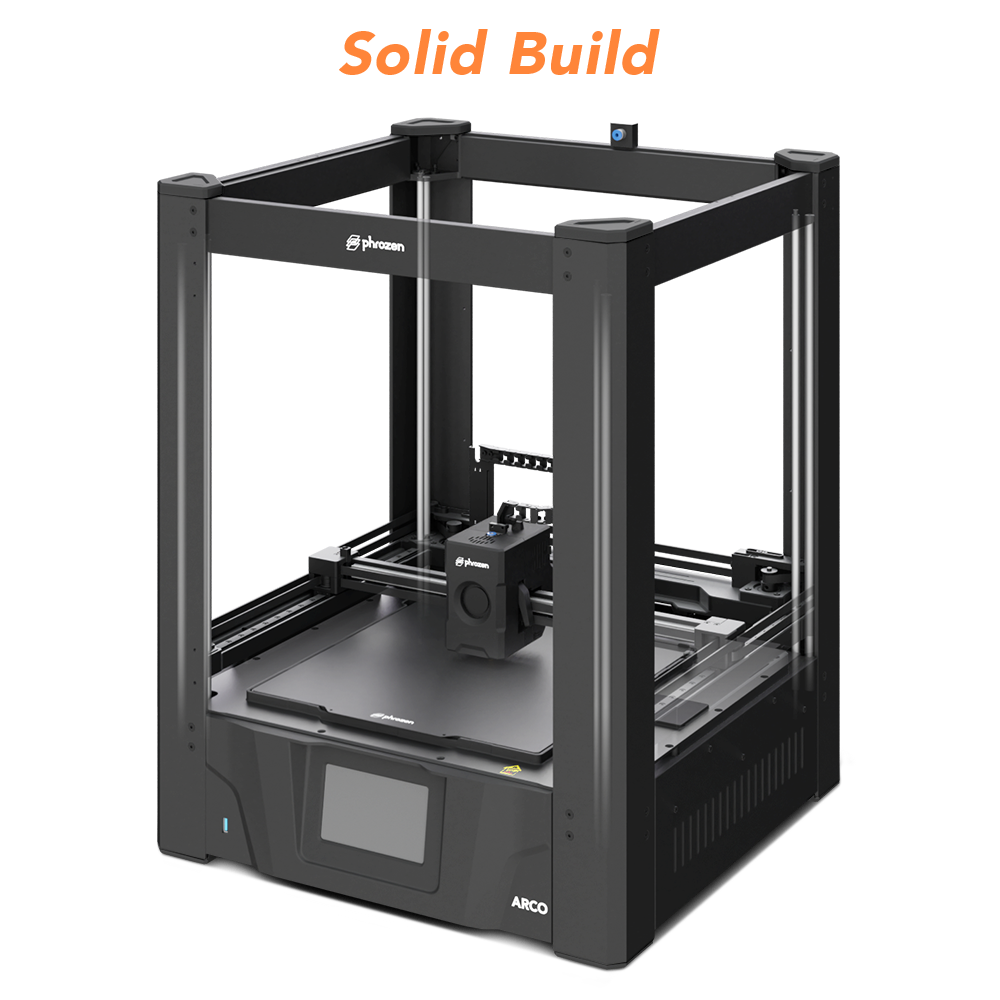 Front view of the ARCO FDM 3D printer with a full-body aerospace aluminum frame highlighting it's rigidity and strength.