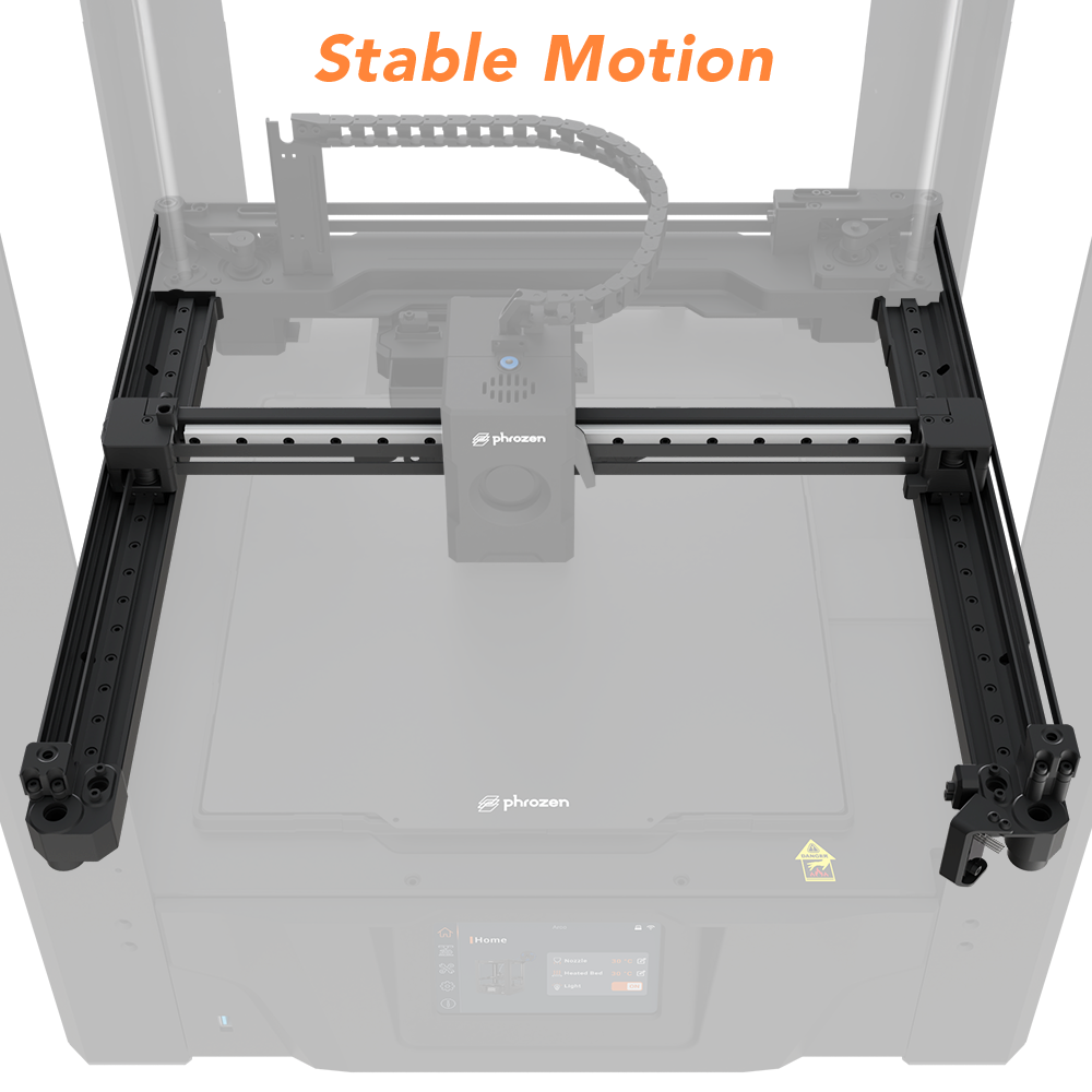 Front view of the ARCO FDM 3D printer one-piece flying gantry with XY linear rails for stable motion and precise axis movement.