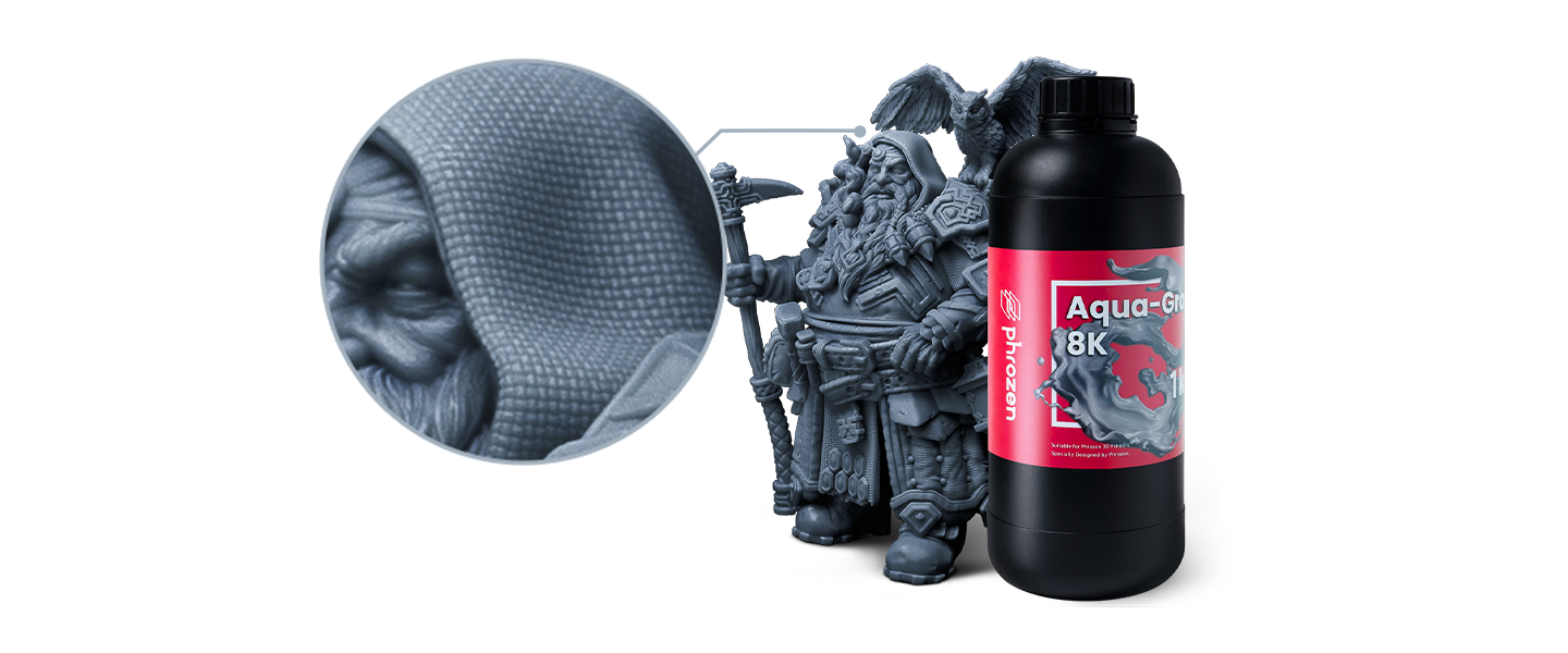 Phrozen Aqua-Gray 8K resin shown with a detailed model to highlight the full print quality of the Sonic Mighty 8K.