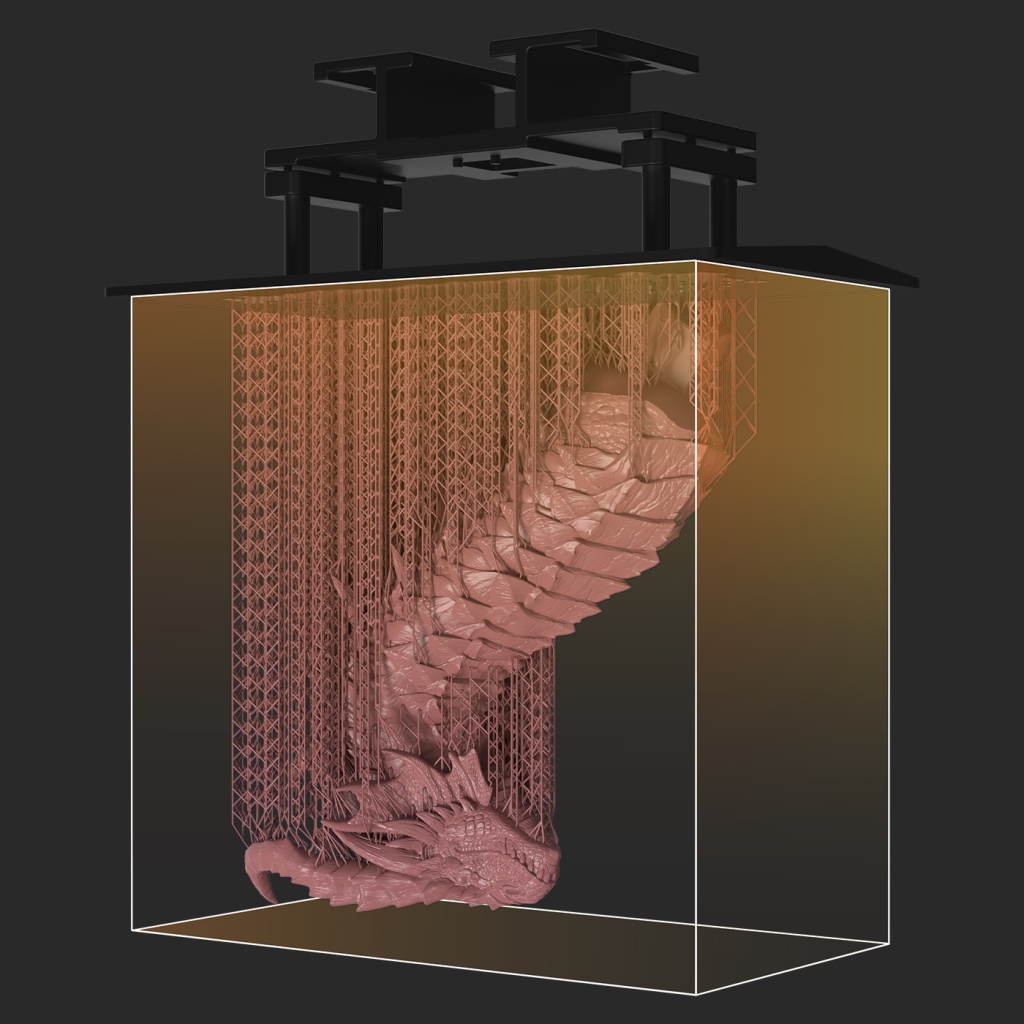 Large resin model on the build plate, showcasing the 14-inch 16K print volume.