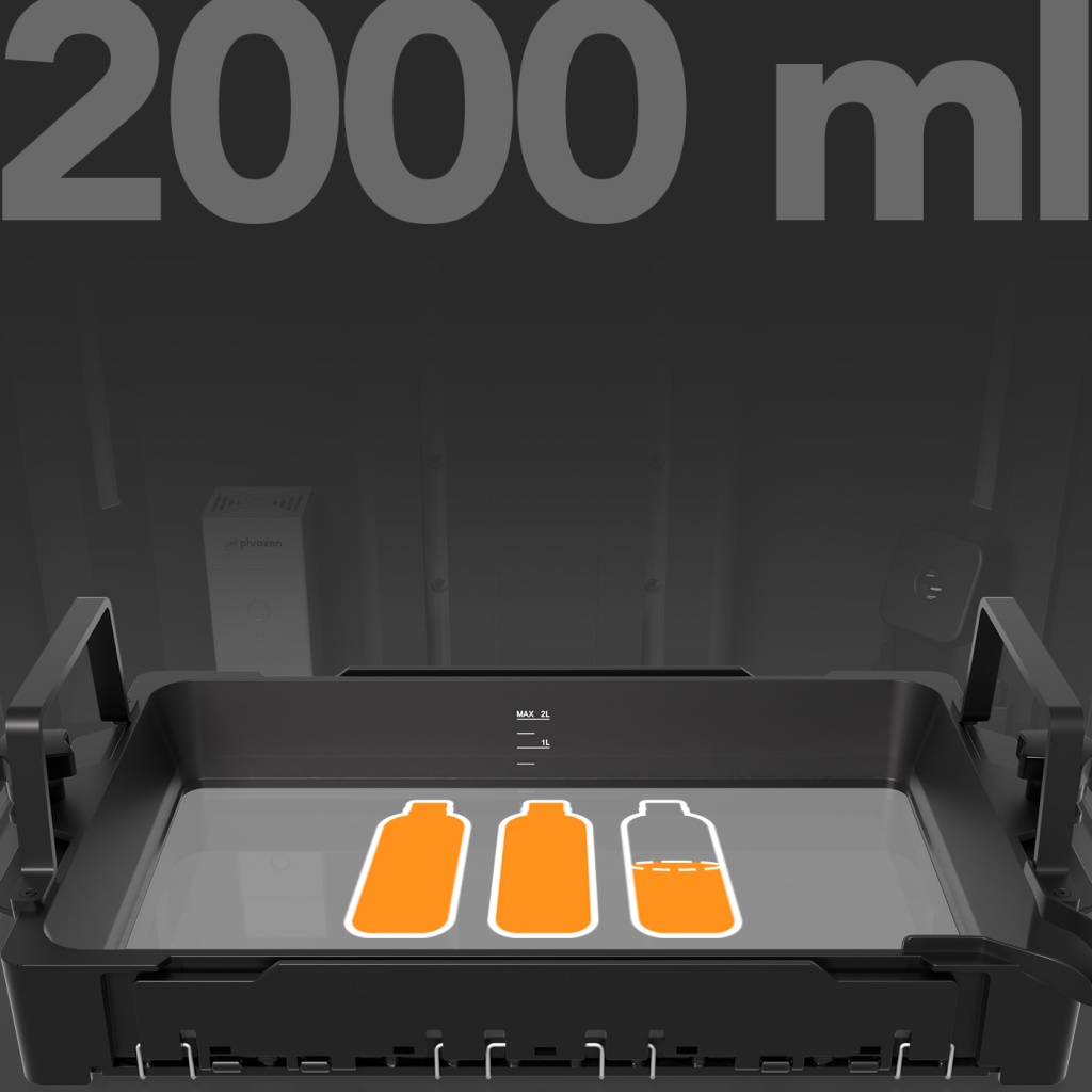 Large 2000 ml resin vat installed inside the printer for extended printing.