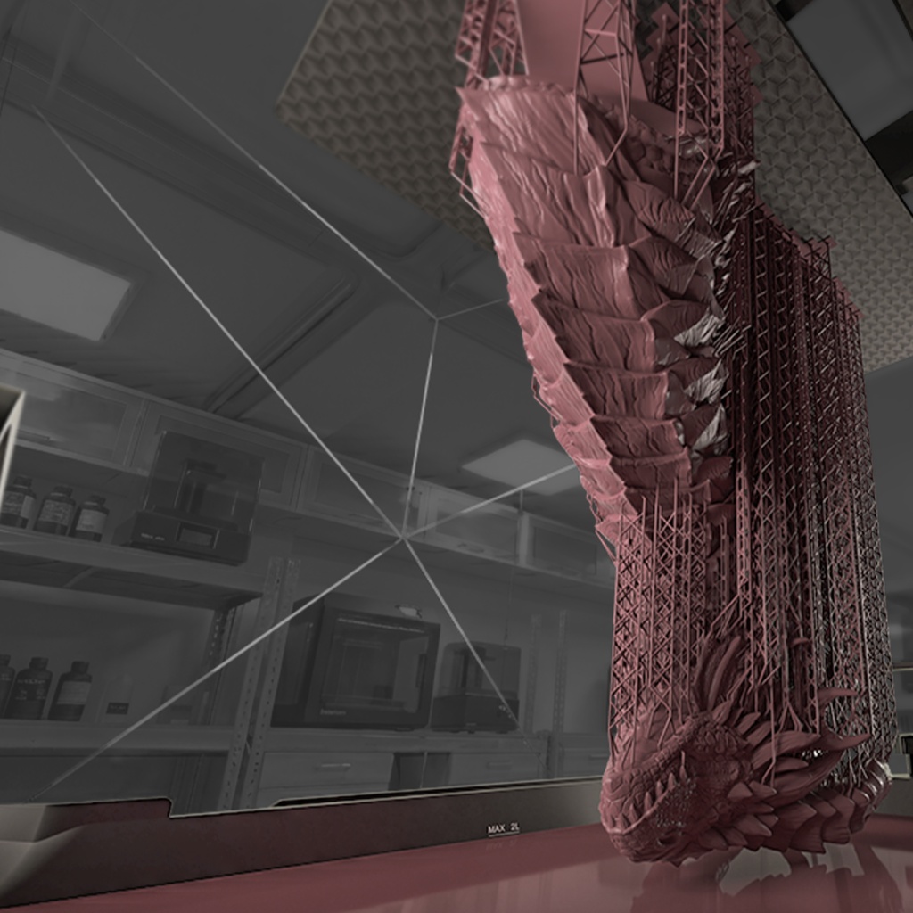Tall resin print monitored by the built-in 1080p camera for zero-blind-spot coverage.