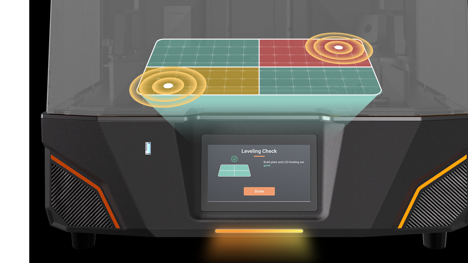 Revo MAX touchscreen and build platform showing color-coded pressure points for pressure-sensing leveling.