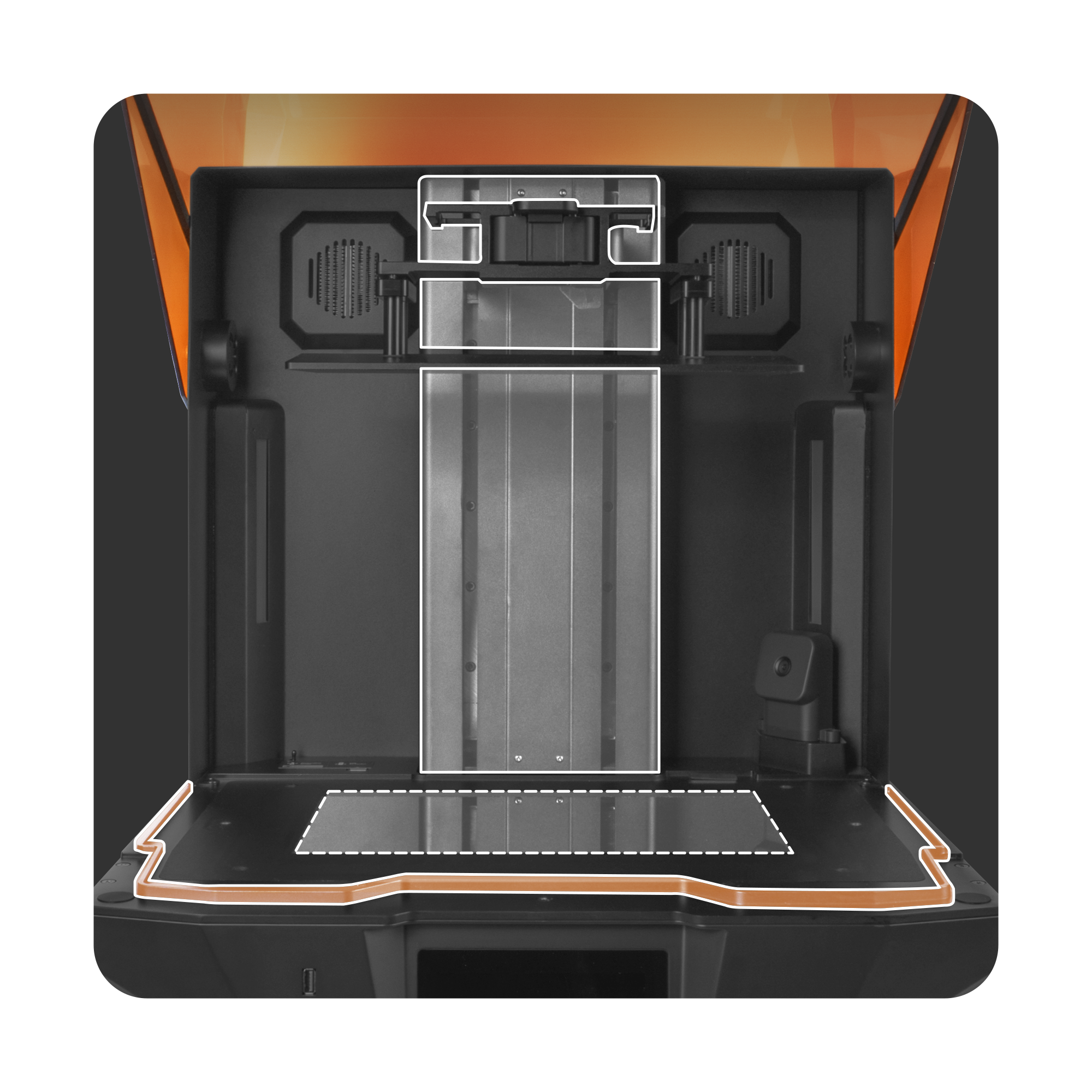 Revo MAX interior showing the raised base, tempered LCD glass, and Z-axis guard for triple hardware protection.