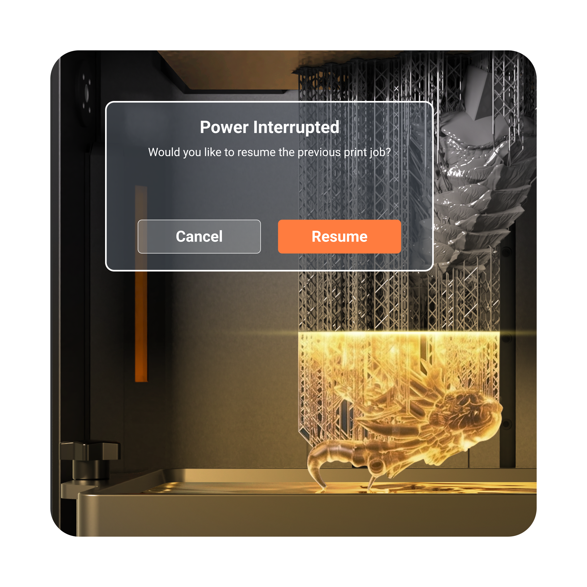 Revo MAX displaying a power-interruption prompt over a paused resin print, illustrating power-loss recovery.